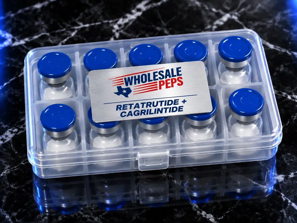 Wholesale Peps Retatrutide + Cagrilintide kit — clear case of 10 vials